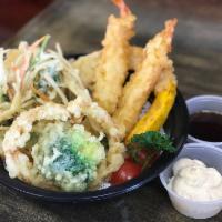Shrimp and Veggie Tempura Appetizer · Shrimp and Vegetable tempura mix with tempura sauce on the side.