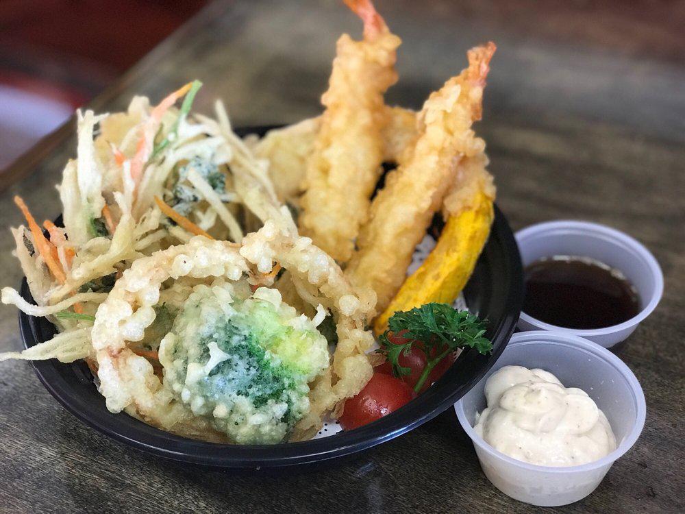 Shrimp and Veggie Tempura Appetizer · Shrimp and Vegetable tempura mix with tempura sauce on the side.