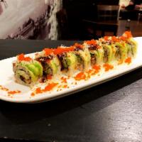 Green Dragon Roll · 8 pieces. Eel, cucumber inside, avocado, tobiko with tempura chips.