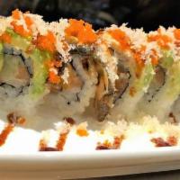 Chicago Roll · Salmon and cucumber topped with eel and avocado, tobiko, eel sauce and tempura flakes