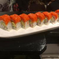 Sapporo Roll · 8 pieces. Crab meat, cucumber, avocado with spicy tuna on top.