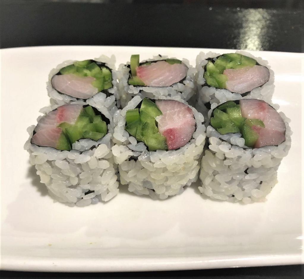 Yellowtail Jalapeno Roll · Yellowtail, Jalapeno, Wrapped with seaweed rice on the outside.