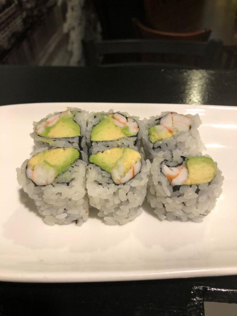 Shrimp Avocado Roll · Shrimp, Avocado, Wrapped with seaweed, rice on the outside