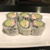 Shrimp Cucumber Roll · Shrimp, Cucumber, seaweed wrapped with rice on the outside.