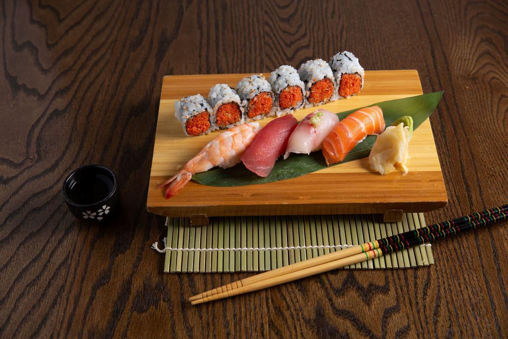 Para's Sushi Combo C · 1 Pc Tuna, 1 Pcs Salmon, 1 Pcs White Fish, 1 Pcs Shirmp. With a Spicy Tuna roll