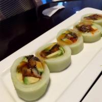 Eel Naruto · Wrapped in cucumber. Eel, avocado and mango.