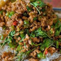 No.30 Pad Kra Prow · Stir-fried meat in homemade sauce with green bean, onion, bell pepper and basil.