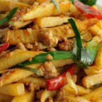 No.37 Pad Ped · Stir-fried meat with bamboo shoot, bell pepper, basil and green bean in a spicy mix of Thai ...