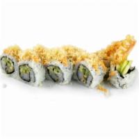 Rocky Shrimp Roll · Tempura shrimp, cucumber, spicy sauce and tempura crumbs.