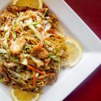 Chicken Yakisoba Noodles · Sauteed wheat flour noodles stir-fried with broccoli, carrots, cabbage, onion in our house y...