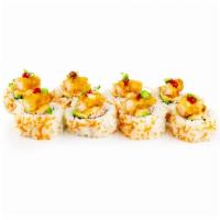 Blossom Roll · Tempura shrimp, tobiko, surimi salad, avocado, spicy mayo, ponzu sauce, sriracha, green onion