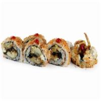 Wolfbite Specialty Roll · Tempura soft-shell crab, tempura jalapeno, cream cheese, tempura onion, chili spice, srirach...