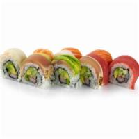 Rainbow Specialty Roll · 4 kinds of fish, sushi shrimp ebi, avocado, surimi and cucumber. 