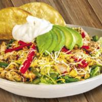 Fajita Chicken Salad · Fresh frilled chicken breast, red & green bell peppers, grilled onions and fresh corn over a...