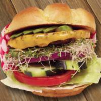 California Grilled Chicken Sandwich · Grilled chicken breast, poised on a fresh bun with lettuce, red onion, tomato, cucumber, spr...