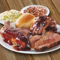 Triple BBQ Combo · 1/4 BBQ chicken, sliced certified Angus beef tri tip, and BBQ baby back ribs. Includes choic...