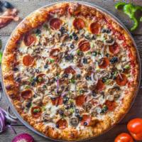 The Five Boroughs Pizza · Pepperoni, sausage, bacon, mushrooms, green peppers, black olives and red onions.