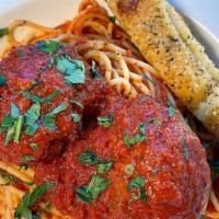 Title Town Pasta Bowl · A hearty bowl of spaghetti, topped with homemade marinara sauce and your choice of 2 large
m...