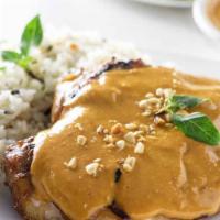 P13. Lemongrass Chicken · Chicken breast marinated with lemongrass, grilled and topped with peanut sauce served with s...