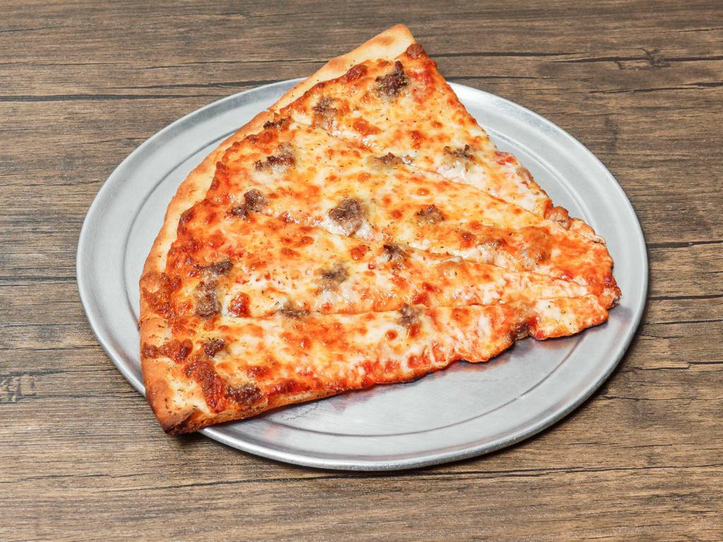 Sausage Pizza Slice · Served with a can of soda.