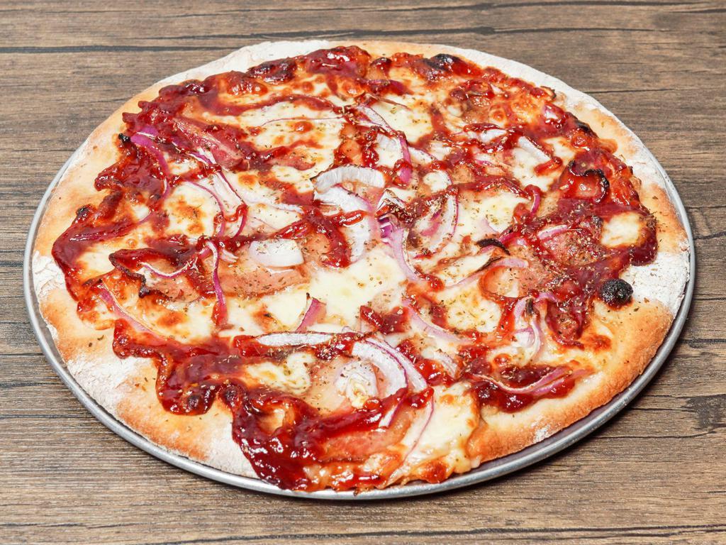 Sweet BBQ Pizza · Bacon, red onion and BBQ sauce.