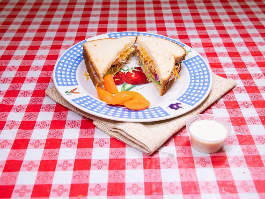 Avocado Sandwich · Avocado, cheese, tomato, red onion, mushrooms, and lite mayo.