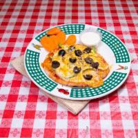 Pita Pizza · Pizza sauce, onion, bell pepper, cheese, mushrooms, and black olives on pita bread.
