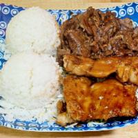9. BBQ Chicken and BBQ Beef Combo Plate · Served with steamed rice and green salad.