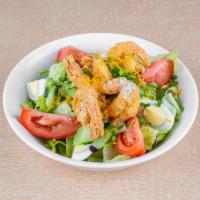 Gulf Grilled Shrimp Salad · Grilled or fried, romaine mix, tomatoes, cucumbers, eggs, green onions, shredded cheese, hou...