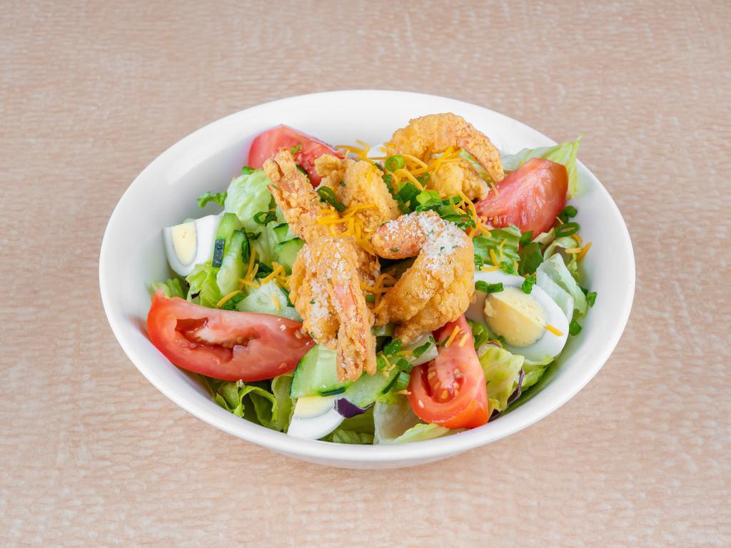 Gulf Grilled Shrimp Salad · Grilled or fried, romaine mix, tomatoes, cucumbers, eggs, green onions, shredded cheese, house croutons
