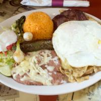 Chilaquiles Verdes · Crispy fried tortillas chips with your choice of sauce.  3 eggs any style, mozzarella cheese...