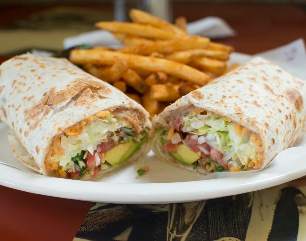 Vegetariano Burrito · stuffed with rice, beans, lettuce, onions, tomatoes, sour cream, cheese & avocado.