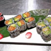 Roll Combo · California roll, salmon avocado roll and tuna roll.