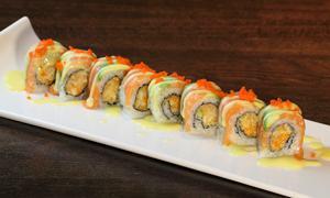 20. Lover's Roll · King crab, mayo, masago, lettuce inside, salmon and avocado on the top with mango sauce.