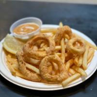 Fried Calamari · Breaded calamari rings served with fries and tzatziki sauce.
