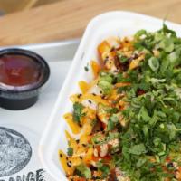 ĪAnimal Style Fries · Grilled mala onion, kimchi queso, special sauce, cilantro-scallion. With house-made charred ...