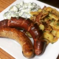 Wurstplatte · Sausage plate with choice of 2 bratwursts. Served with choice of 2 sides.