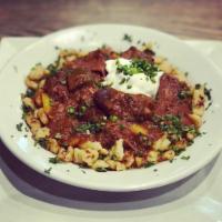 Beef Goulash · beef goulash over home made spatzle or mashed potatoes