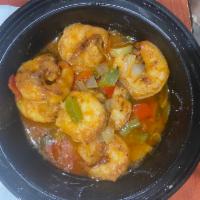 1. Peppered Shrimp (6-7pcs) · Spicy Shrimp  seasoned in cayenne hot pepper sauce seasoned with onions and bell pepper 