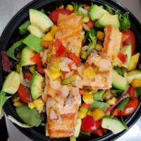4. Grilled Salmon Salad (large) · Grilled Salmon on top of colorful mix green salad 