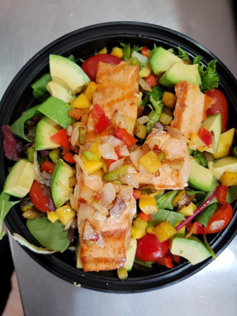 4. Grilled Salmon Salad (large) · Grilled Salmon on top of colorful mix green salad 