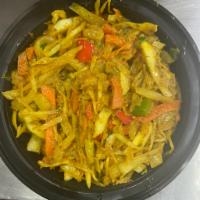 Curry Veg (one size) · served with rice & peas, brown rice, white rice 