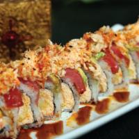 Halloween Roll · Shrimp tempura and shrimp salad, topped with fresh tuna, avocado, spicy shrimp salad, chili ...