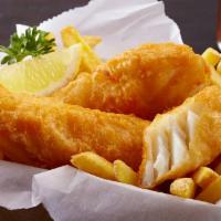 Fish and Chips Dinner · Served with french fries, coleslaw, tartar sauce, and fresh lemon.