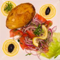 Papa Rellena · Fried potato stuffed with ground beef, boiled egg and olives. Served with onion salad and wh...