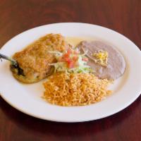 Chile Relleno · A roasted poblano pepper stuffed with queso fresco and topped with ranchero salsa topped wit...