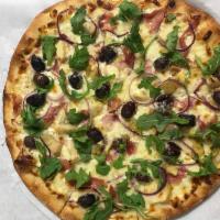 22. Tuscany Thin Crust Pizza · Artichoke hearts, Kalamata olives, red onions, prosciutto and garlic olive oil base topped w...