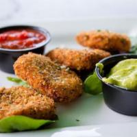 Fried Mozzarella · Fresh breaded Mozzarella, fried and served with pesto aioli and marinara.