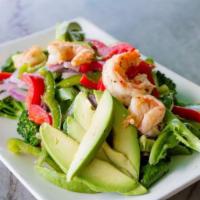 Grilled Shrimp Salad · Grilled shrimp on a bed of mixed greens, bell peppers, red onions, avocado and a seasonal ve...