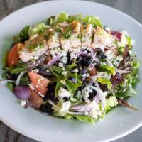 Roasted Chicken Salad · Fresh roasted chicken breast atop a bed of mixed greens. Topped with feta cheese, tomatoes, ...